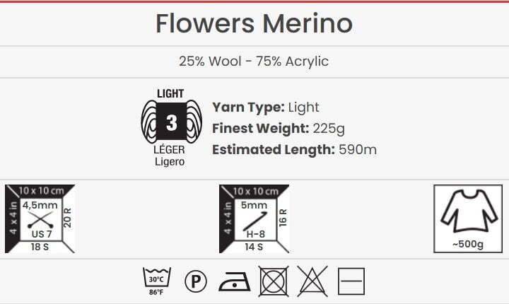 Neulelanka YarnArt Flowers Merino 225g, 590 metriä, väri 553 hinta ja tiedot | Neulomistarvikkeet | hobbyhall.fi