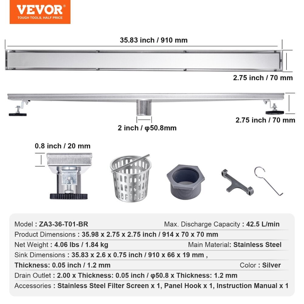 Vevor-suihkuallas, 914x70x70 mm, 42,5 l/min hinta ja tiedot | Lattiakaivot | hobbyhall.fi