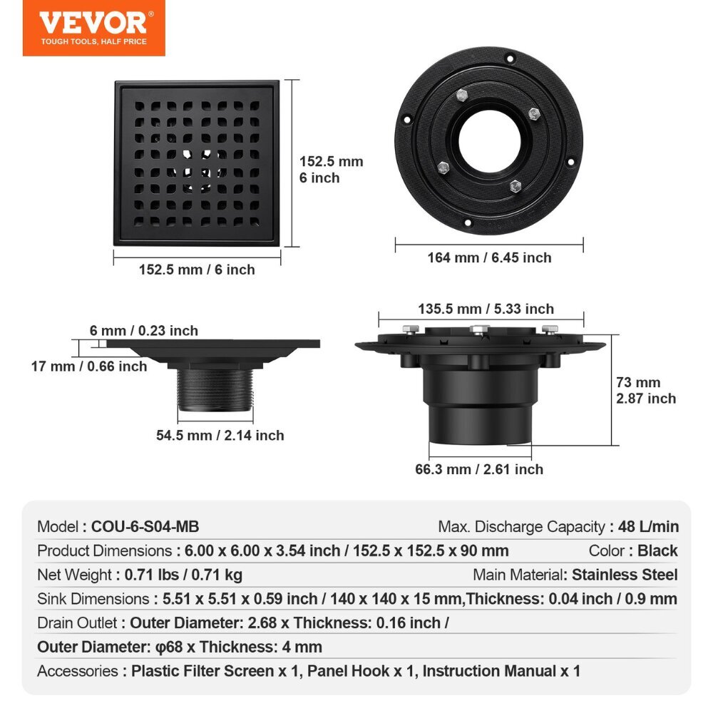 Vevor-suihkun viemäri, 152,5x152,5x90 mm, 48 l/min hinta ja tiedot | Lattiakaivot | hobbyhall.fi