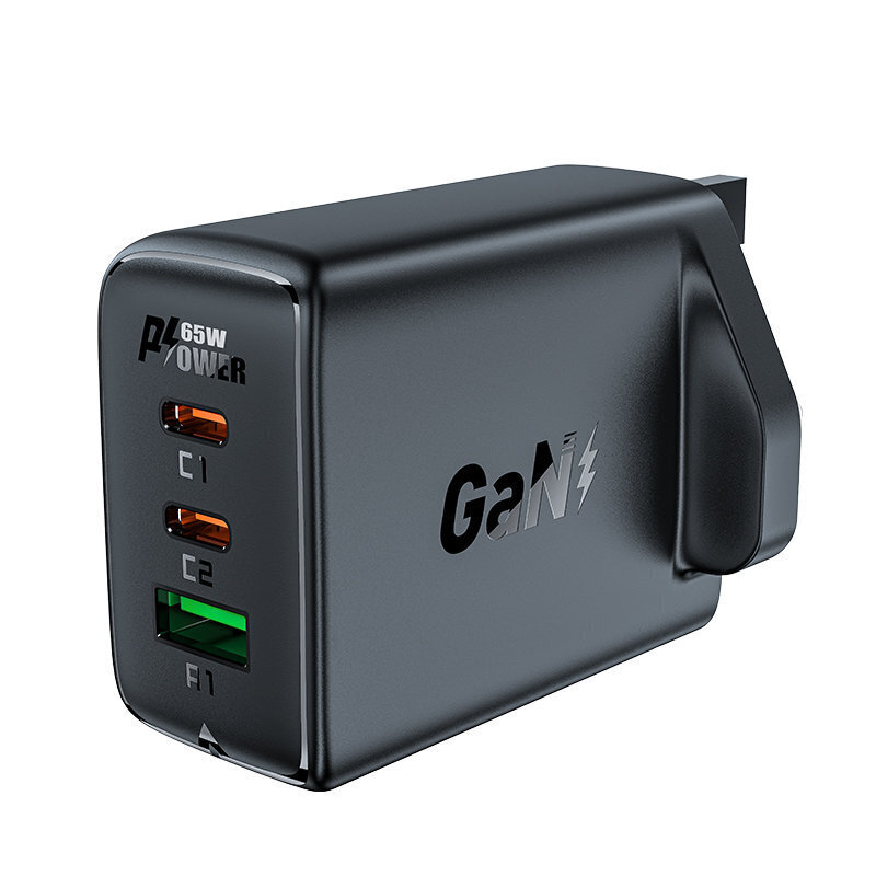 GaN 65W laturi UK 1x USB 2x USB-C PD, musta hinta ja tiedot | Puhelimen laturit | hobbyhall.fi