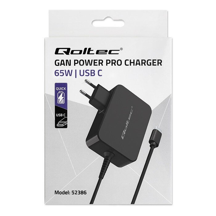 Qoltec 52386 GaN POWER PRO laturi | 1xUSB-C | 65W | 5-20V | 3-3,25A | Musta hinta ja tiedot | Puhelimen laturit | hobbyhall.fi