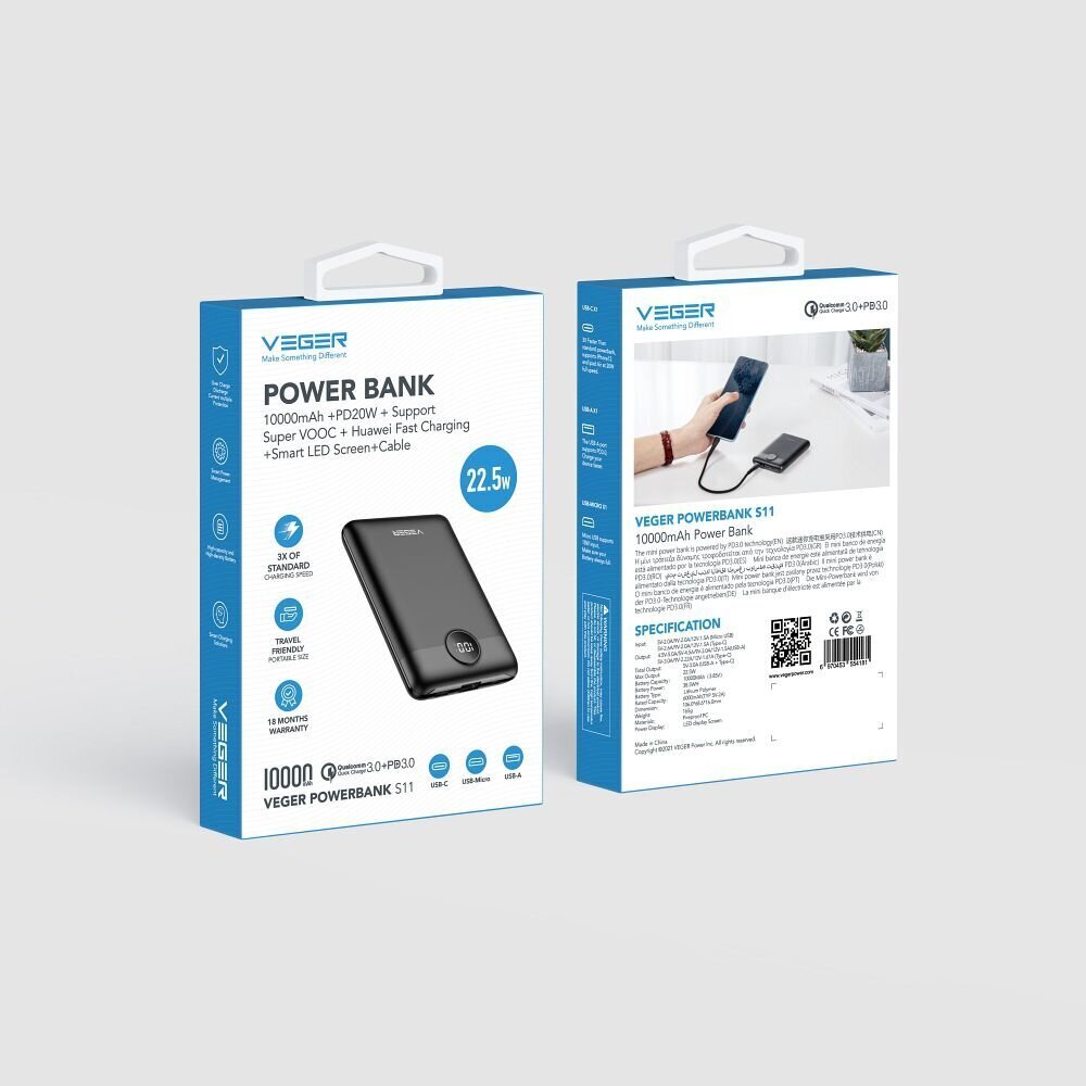 Power Bank VEGER S11 - 10 000 mAh LCD pikalataus PD22.5W, musta hinta ja tiedot | Varavirtalähteet | hobbyhall.fi