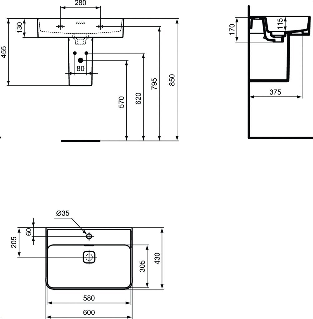 Suorakaiteen muotoinen keraaminen pesuallas Ideal Standard Strada II kiinnitetään seinään, 60x43 cm T300001, valkoinen hinta ja tiedot | Pesualtaat | hobbyhall.fi