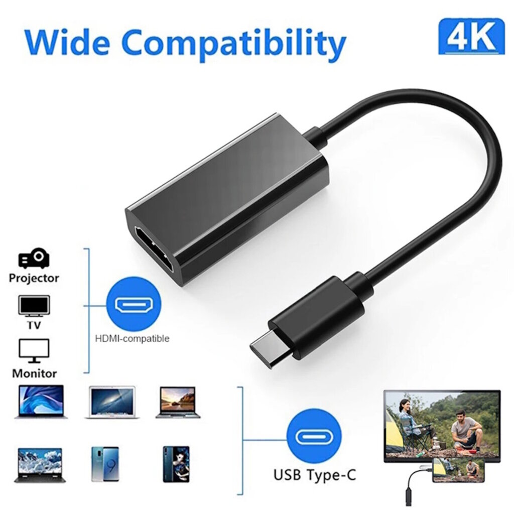 iLike HD7 USB-C -liitin HDMI 4K -naaraspuoliseen ääni- ja videokaapelisovittimeen 10 cm - muunnin musta (OEM) hinta ja tiedot | Adapterit | hobbyhall.fi