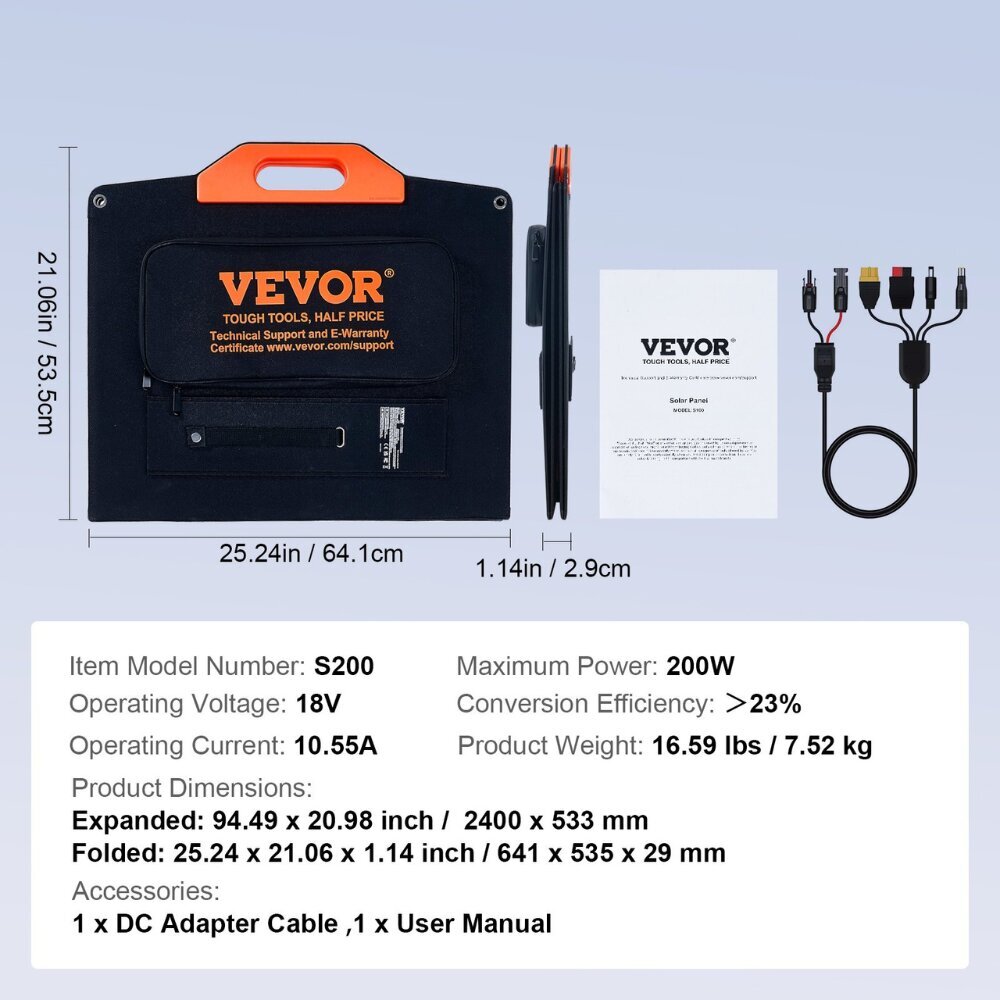 Taitettava aurinkopaneelimoduuli Vevor, 200W, 18V hinta ja tiedot | Aurinkopaneelit | hobbyhall.fi