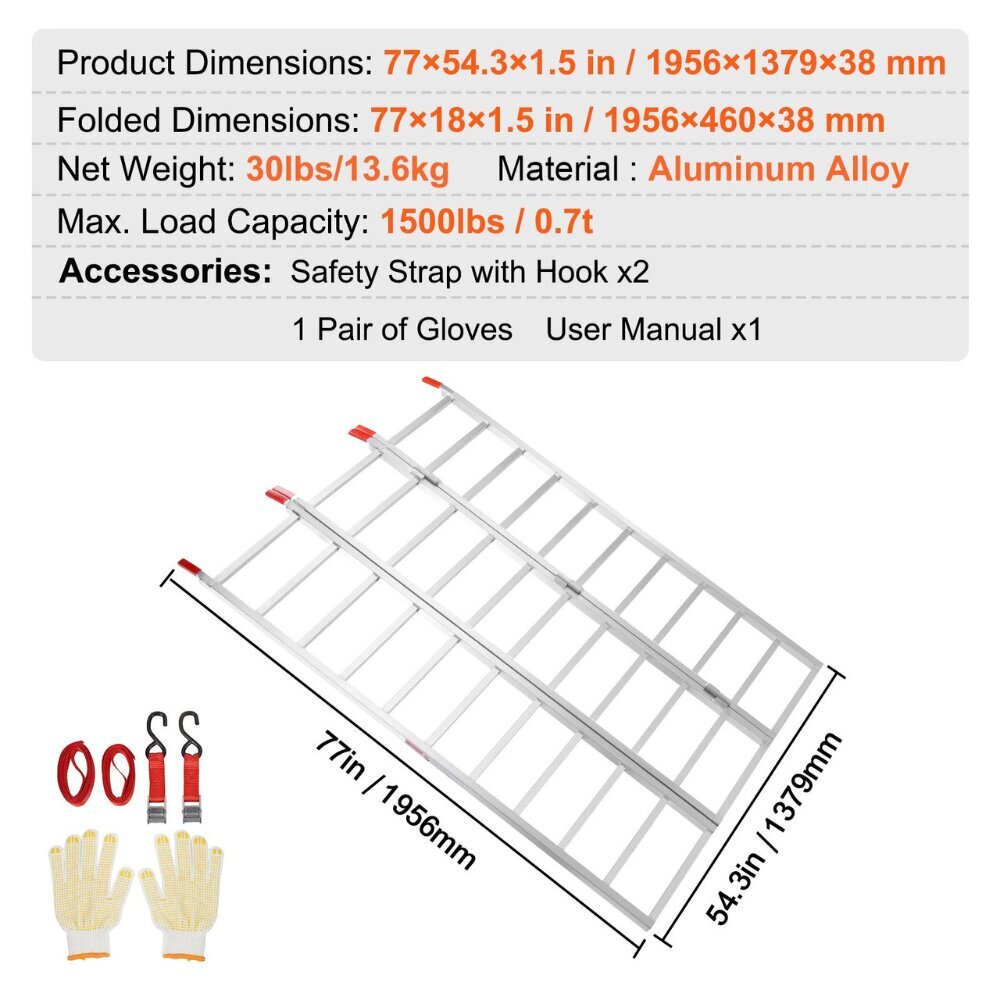 Alumiininen lastausramp Vevor, 700 kg, 1 kpl, 1956 x 1379 x 38 mm hinta ja tiedot | Tikkaat | hobbyhall.fi