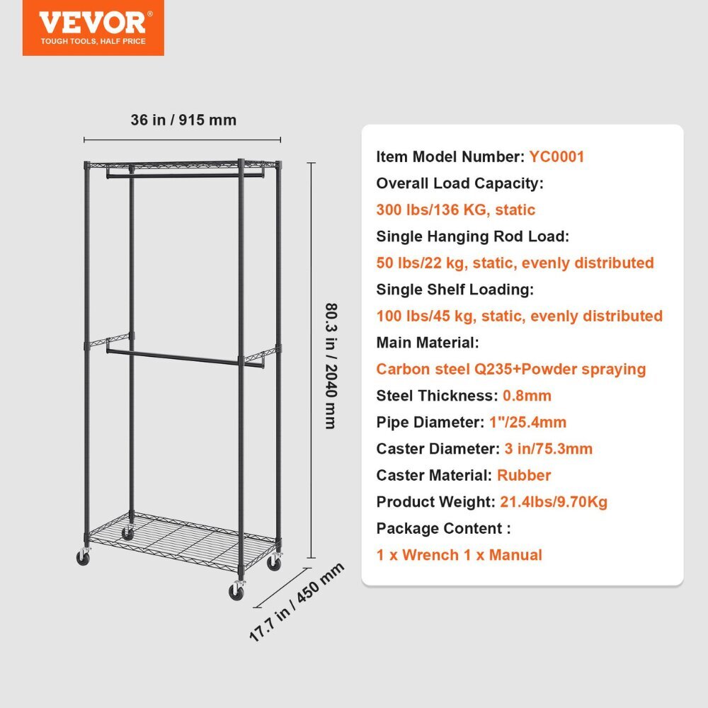 Kaksikerroksinen vaateteline Vevor, 915x2040x450 mm, 136 kg hinta ja tiedot | Naulakot | hobbyhall.fi