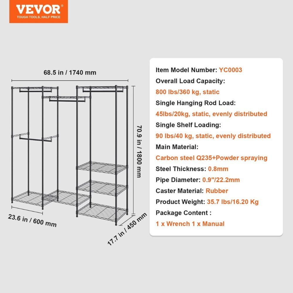 Liikuteltava vaateteline Vevor, 174x180x45 cm, 362 kg hinta ja tiedot | Naulakot | hobbyhall.fi