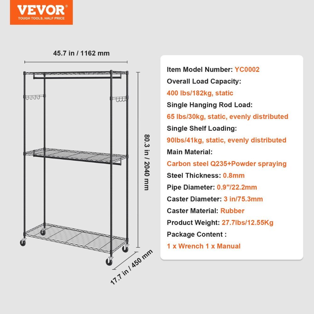 3-tasoinen vaateteline Vevor, 1162x2040x450 mm, 182 kg hinta ja tiedot | Naulakot | hobbyhall.fi