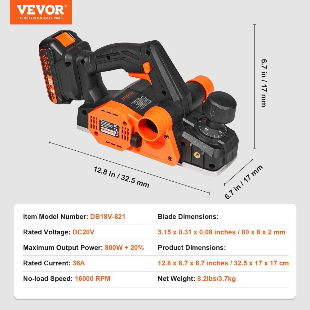 Akkukäyttöinen höylä Vevor, 20V 800W hinta ja tiedot | Höylät | hobbyhall.fi