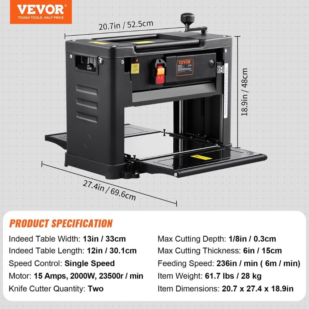 Vevor paksuushöylä, 2000 W, 23 500 rpm hinta ja tiedot | Höylät | hobbyhall.fi