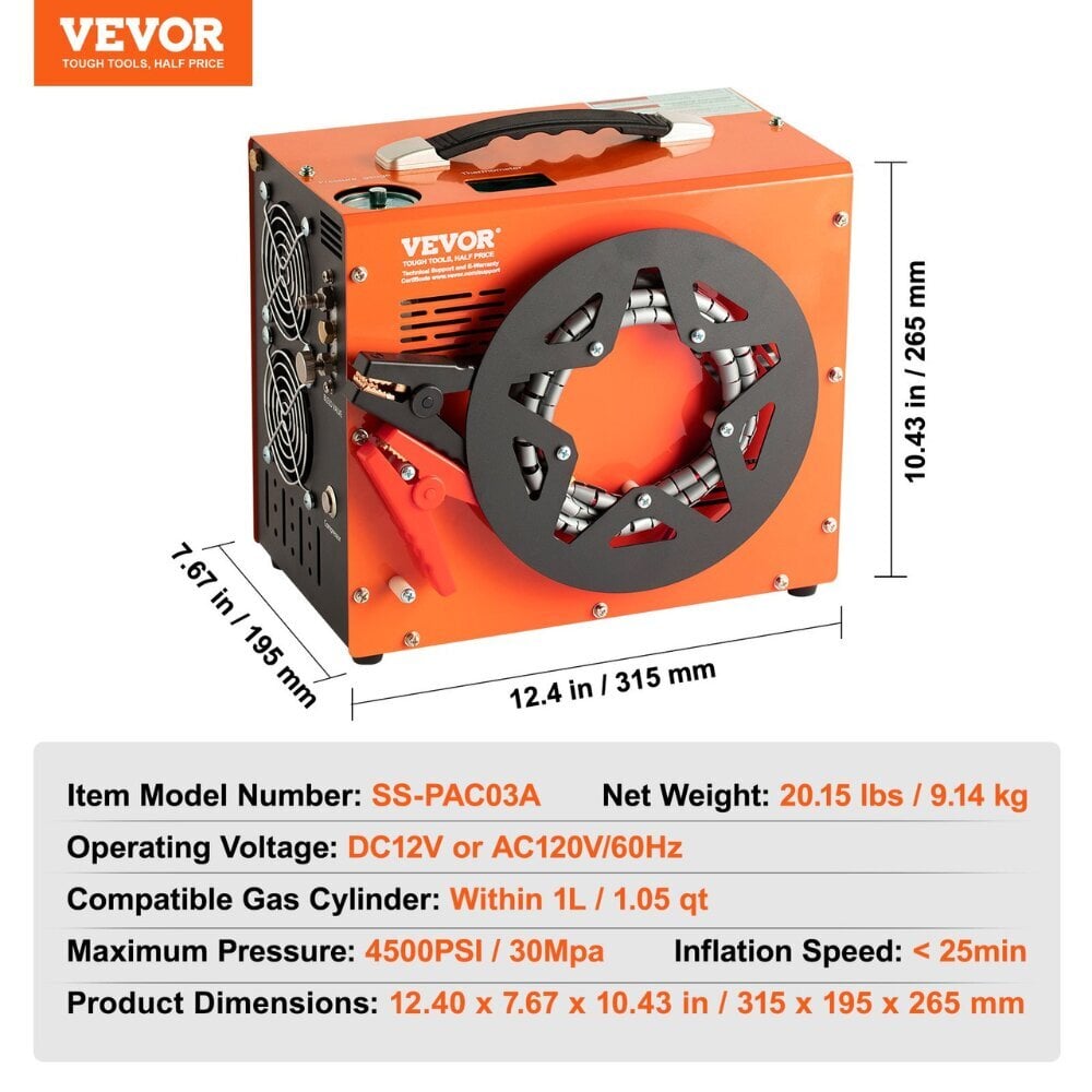 Ilmakompressori Vevor, 30Mpa/4500PSI, 1L, AC120V, 600W hinta ja tiedot | Kompressorit | hobbyhall.fi