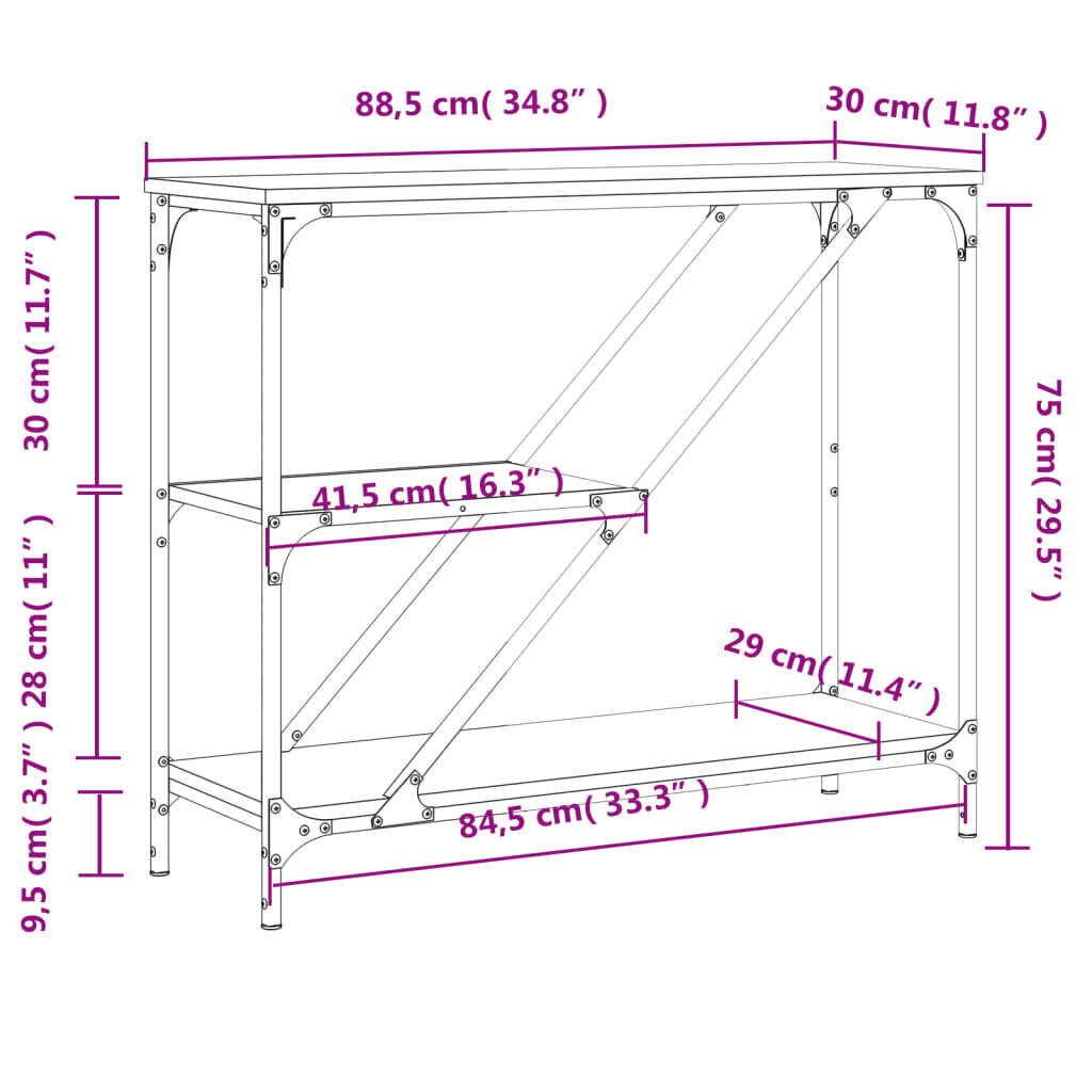 vidaXL Konsolipöytä harmaa Sonoma 88,5x30x75 cm tekninen puu hinta ja tiedot | Sivupöydät | hobbyhall.fi