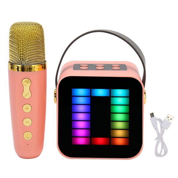 Mini Karaoke Machine Set RGB Pickup Light Digital Processing Chip Handheld Kannettava Bluetooth Kaiutin mikrofonilla Vaaleanpunainen