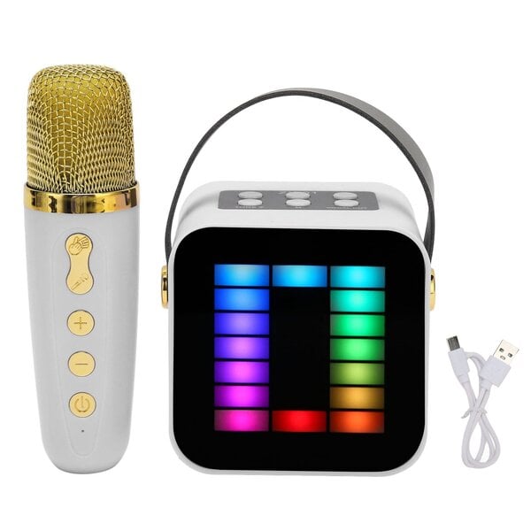 Mini Karaoke Machine Set RGB Pickup Light Digital Processing Chip Handheld Kannettava Bluetooth Kaiutin Mikrofonilla Valkoinen