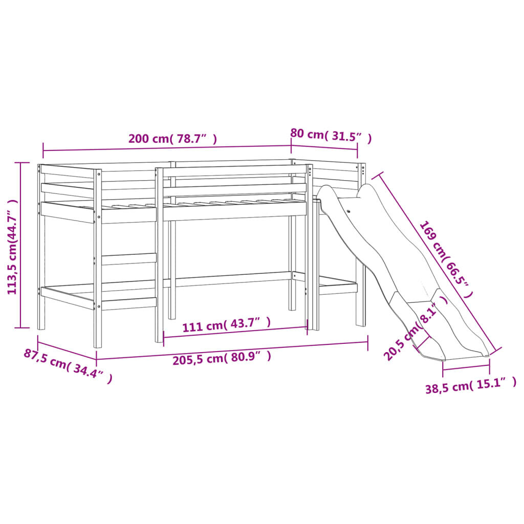 vidaXL Lasten parvisänky liukumäellä, täysi mänty, 80x200 cm hinta ja tiedot | Sängyt | hobbyhall.fi