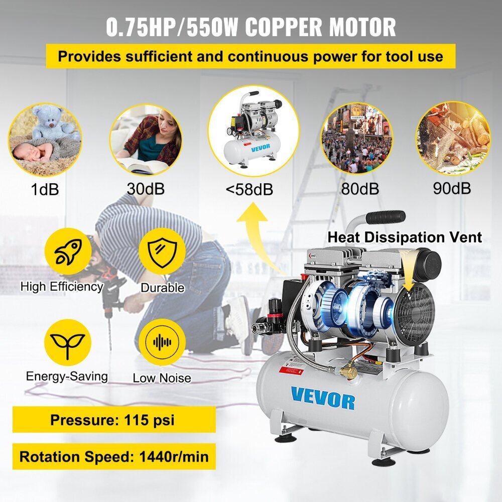 Puristusilmakompressori Vevor, 9L, 550W, 1440 kierrosta/min hinta ja tiedot | Kompressorit | hobbyhall.fi