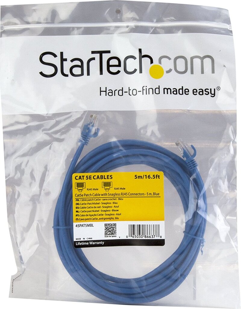 Startech 45PAT5MBL, RJ-45, 5 m hinta ja tiedot | Kaapelit ja adapterit | hobbyhall.fi