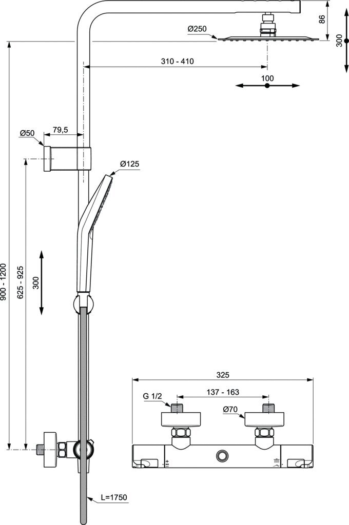 Termostaattinen suihkujärjestelmä Ihanteellinen vakio Ceratherm T50 Ceratherm T50 hanalla, metallisella suihkupäällä Ø250 mm ja Idealrain Evo JET Round 125 mm 3-toimisella käsisuihkupäällä. A7704AA hinta ja tiedot | Suihkusetit | hobbyhall.fi