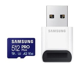 SAMSUNG PRO Plus microSD 512 Gt Jopa 180 Mt/s luku- ja 130 Mt/s kirjoitusnopeus Class 10 4K UHD:lla sis. Kortinlukija 2023 "MB-MD512SB/WW" (timbru verde 0,03 lei) hinta ja tiedot | Muistitikut | hobbyhall.fi