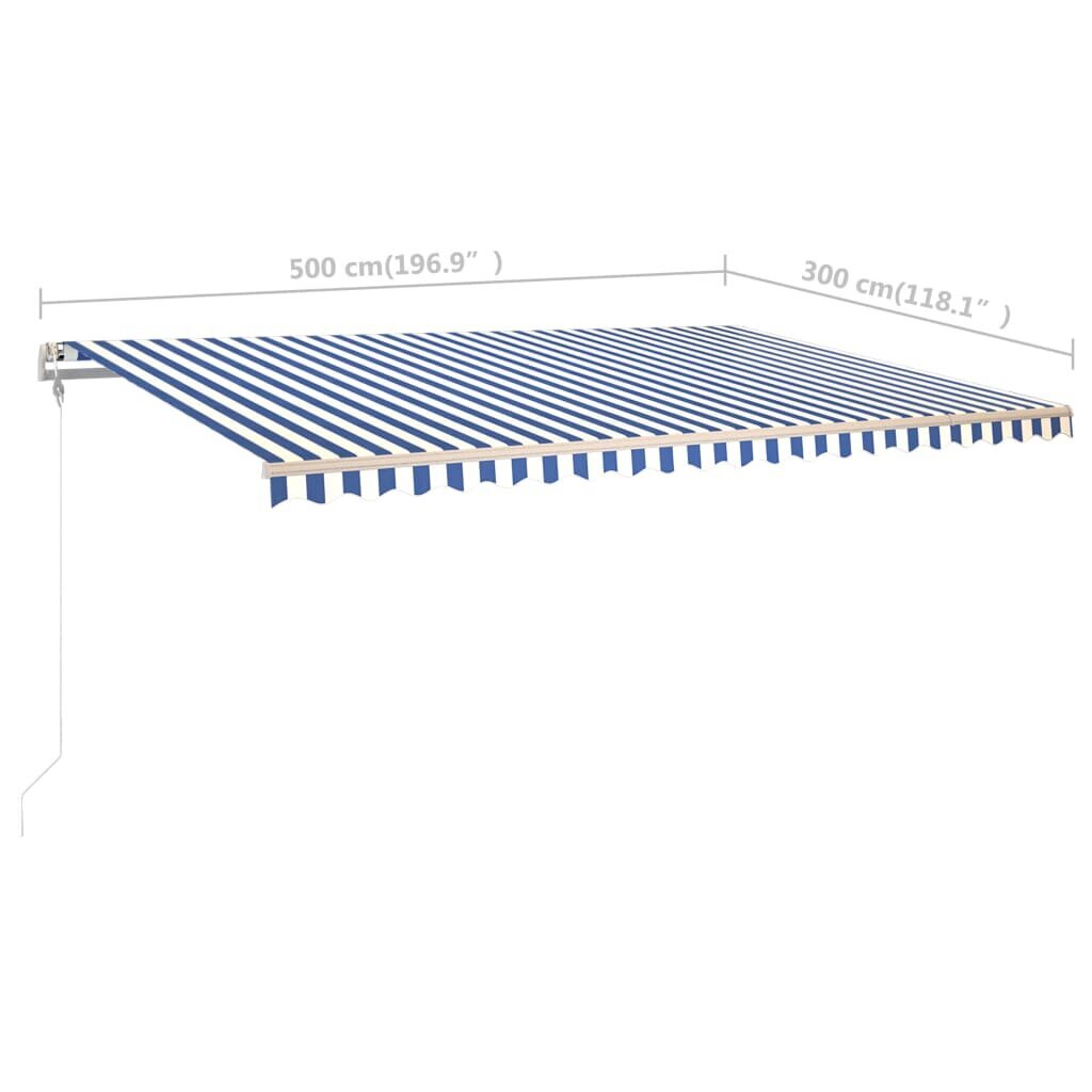 vidaXL Manuaalisesti kelattava markiisi LED-valot 5x3 m sinivalkoinen hinta ja tiedot | Aurinkovarjot ja markiisit | hobbyhall.fi