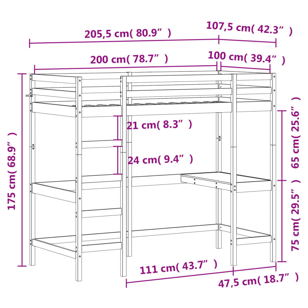 vidaXL Parvisänky työpöydällä, valkoinen, 100x200 cm, täysi mänty hinta ja tiedot | Sängyt | hobbyhall.fi