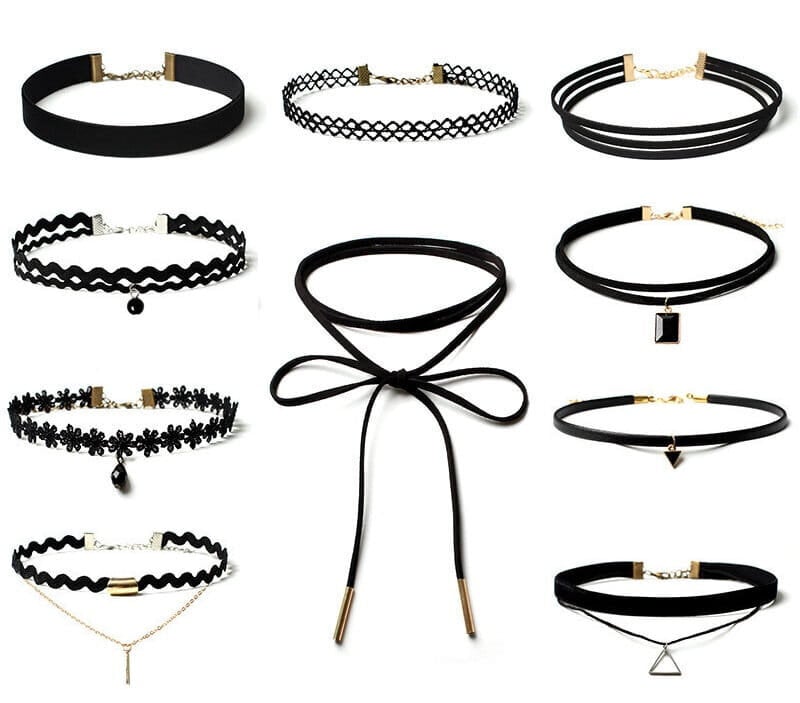 Musta 10 kappaleen setti CHOKER kaulakoru julkkisnauhalla hinta ja tiedot | Korvakorut | hobbyhall.fi