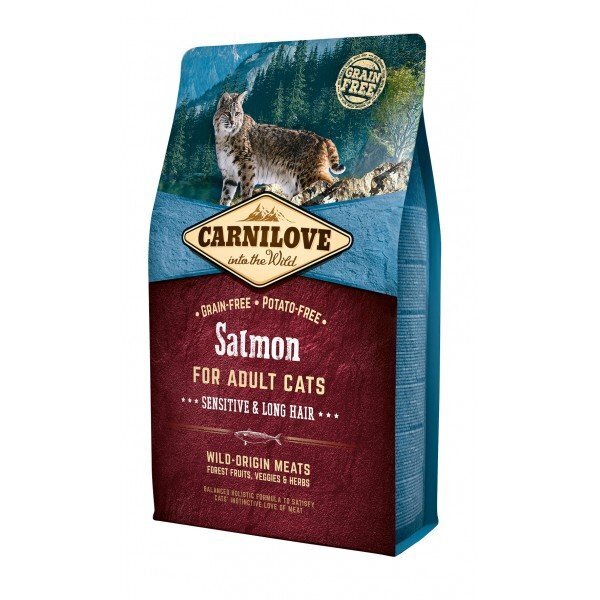 Carni Love kuiva ruoka pitkäkarvaisille kissoille, herkälle ruoansulatukselle lohen kanssa2 kg. hinta ja tiedot | Kissan kuivaruoka | hobbyhall.fi