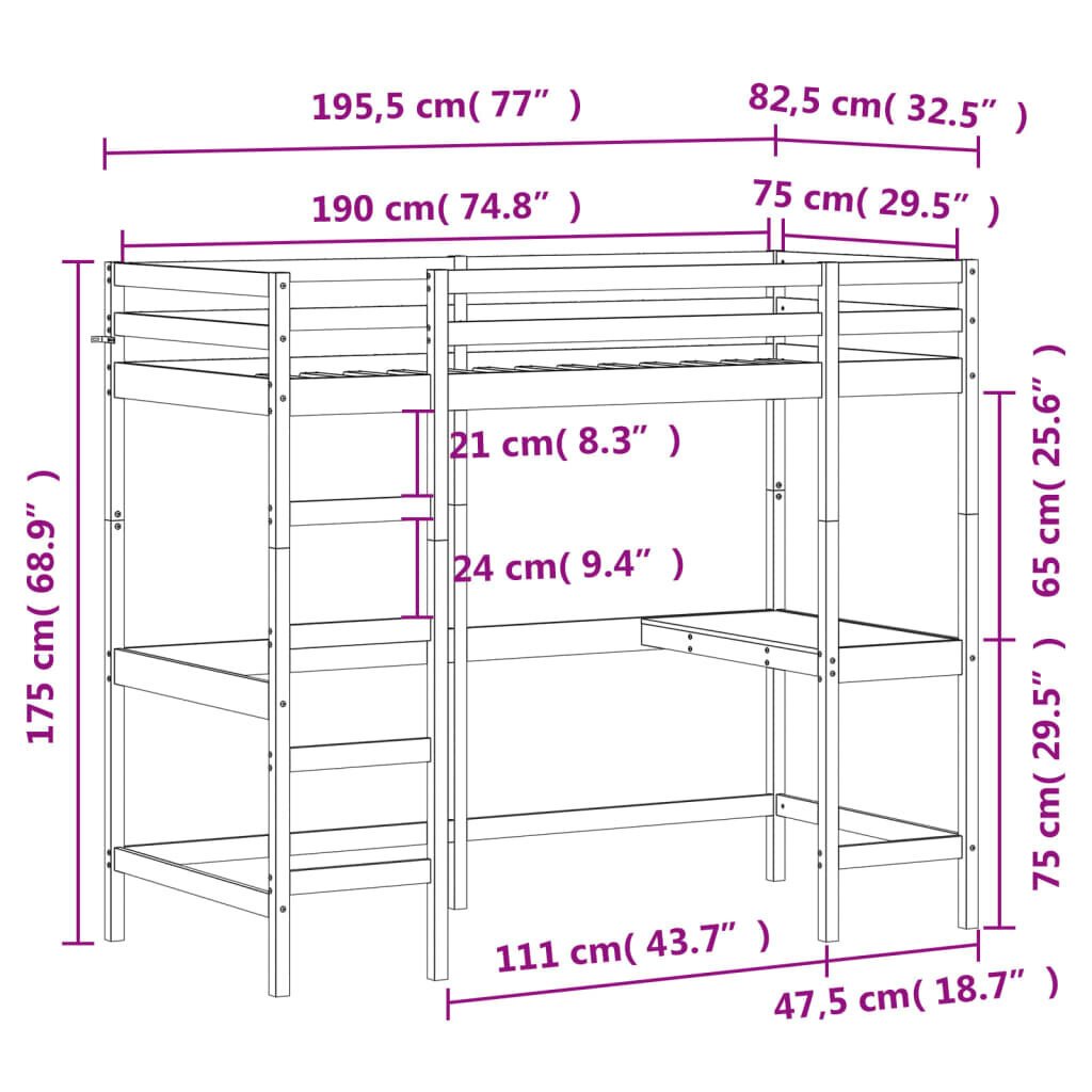 vidaXL Parvisänky työpöydällä, valkoinen, 75x190 cm, täysi mänty hinta ja tiedot | Sängyt | hobbyhall.fi