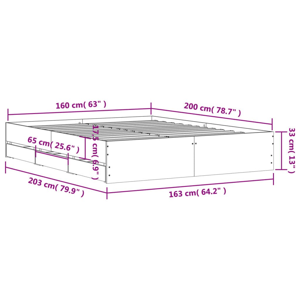 vidaXL Sängynrunko laatikoilla Sonoma-tammi 160x200 cm tekninen puu hinta ja tiedot | Sängyt | hobbyhall.fi