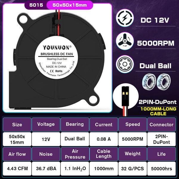 2kpl 5015 50mm DC 24V 12V 5V 2pin kaksoiskuula/holkkilaakeri harjaton jäähdytysturbiinipuhaltimen tuuletin 50mm x 15mm puhaltimen jäähdyttimen tuuletin