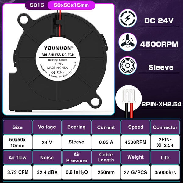 2kpl 5015 50mm DC 24V 12V 5V 2pin kaksoiskuula/holkkilaakeri harjaton jäähdytysturbiinipuhaltimen tuuletin 50mm x 15mm puhaltimen jäähdyttimen tuuletin