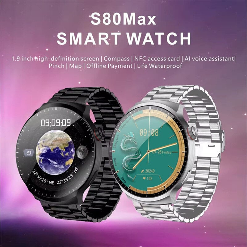 S80 Max Smart Watch Miesten 1,9 tuuman näyttö langaton laturi Bluetooth Call AI äänikompassi NFC Sport Fitness Tracker -älykello hinta ja tiedot | Älykellot | hobbyhall.fi