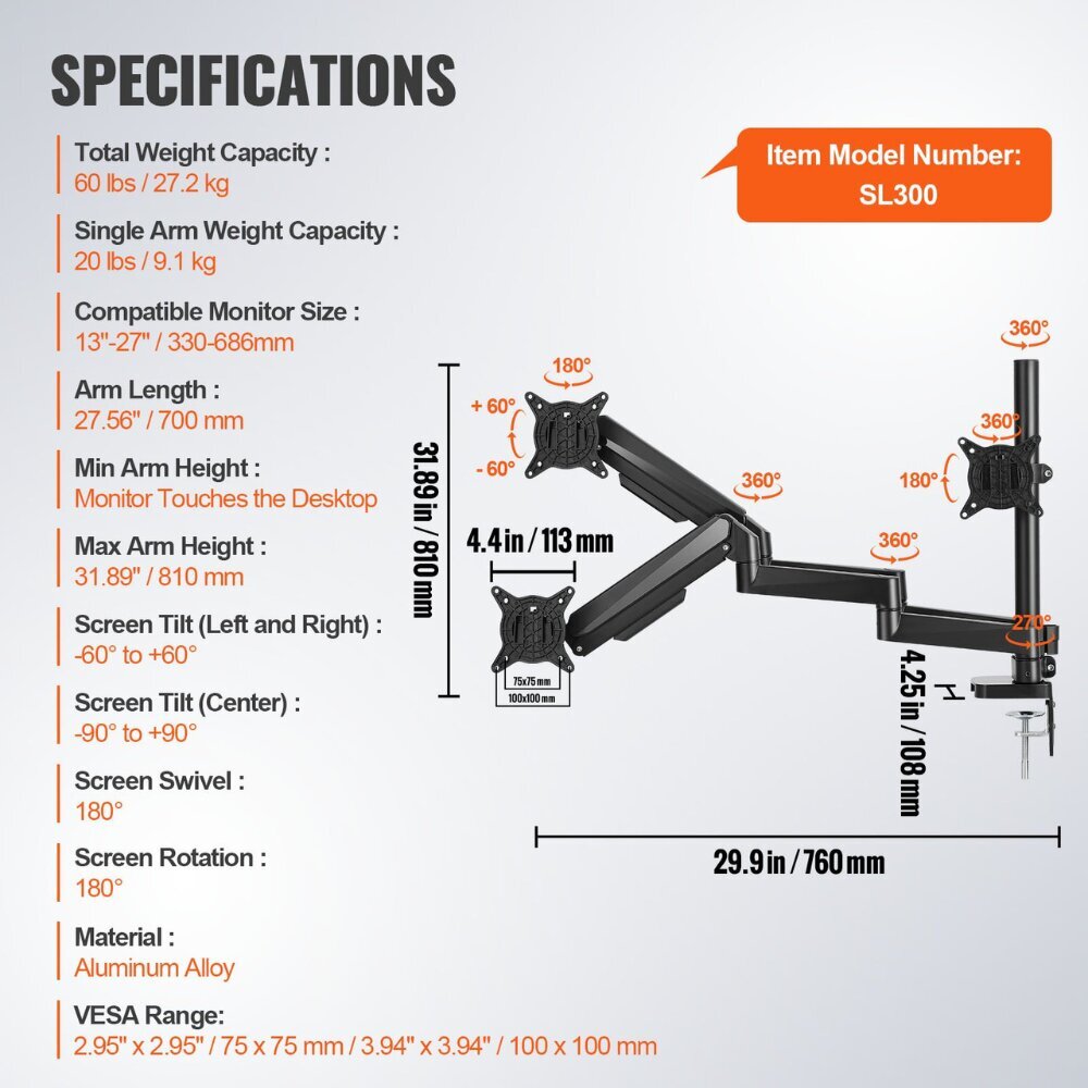 3-näytön teline Vevor, 330–686 mm hinta ja tiedot | Näyttötelineet | hobbyhall.fi