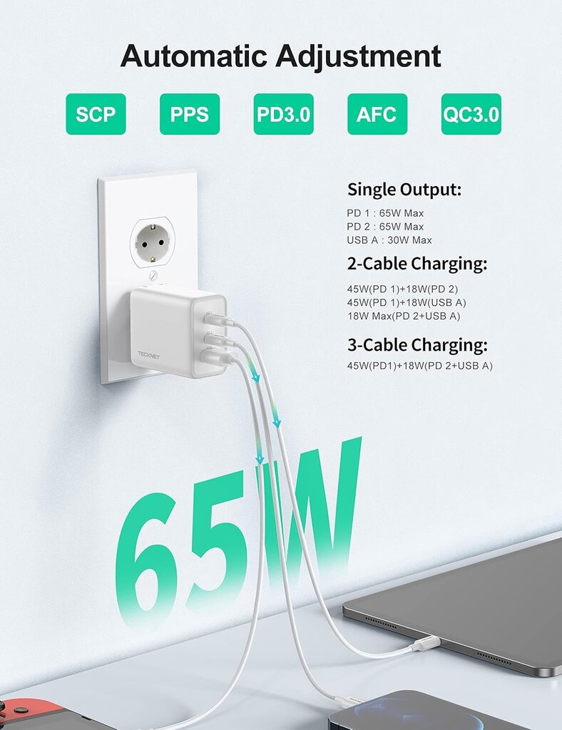 TECKNET 65W pikalaturi hinta ja tiedot | Puhelimen laturit | hobbyhall.fi