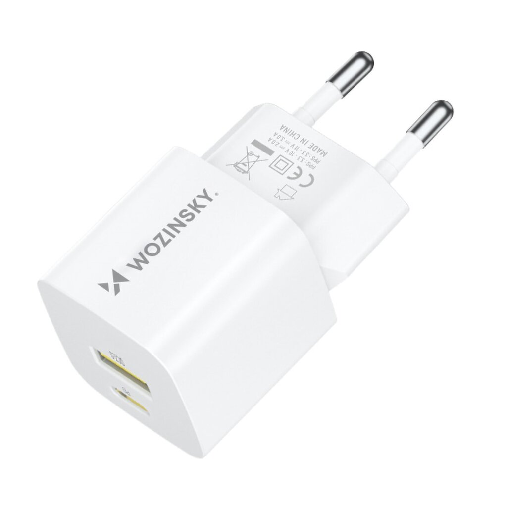 Verkkolaturi, Wozinsky, GaN QC3.0 USB-A, USB-C, PD, 33 W., valkoinen . hinta ja tiedot | Varavirtalähteet | hobbyhall.fi