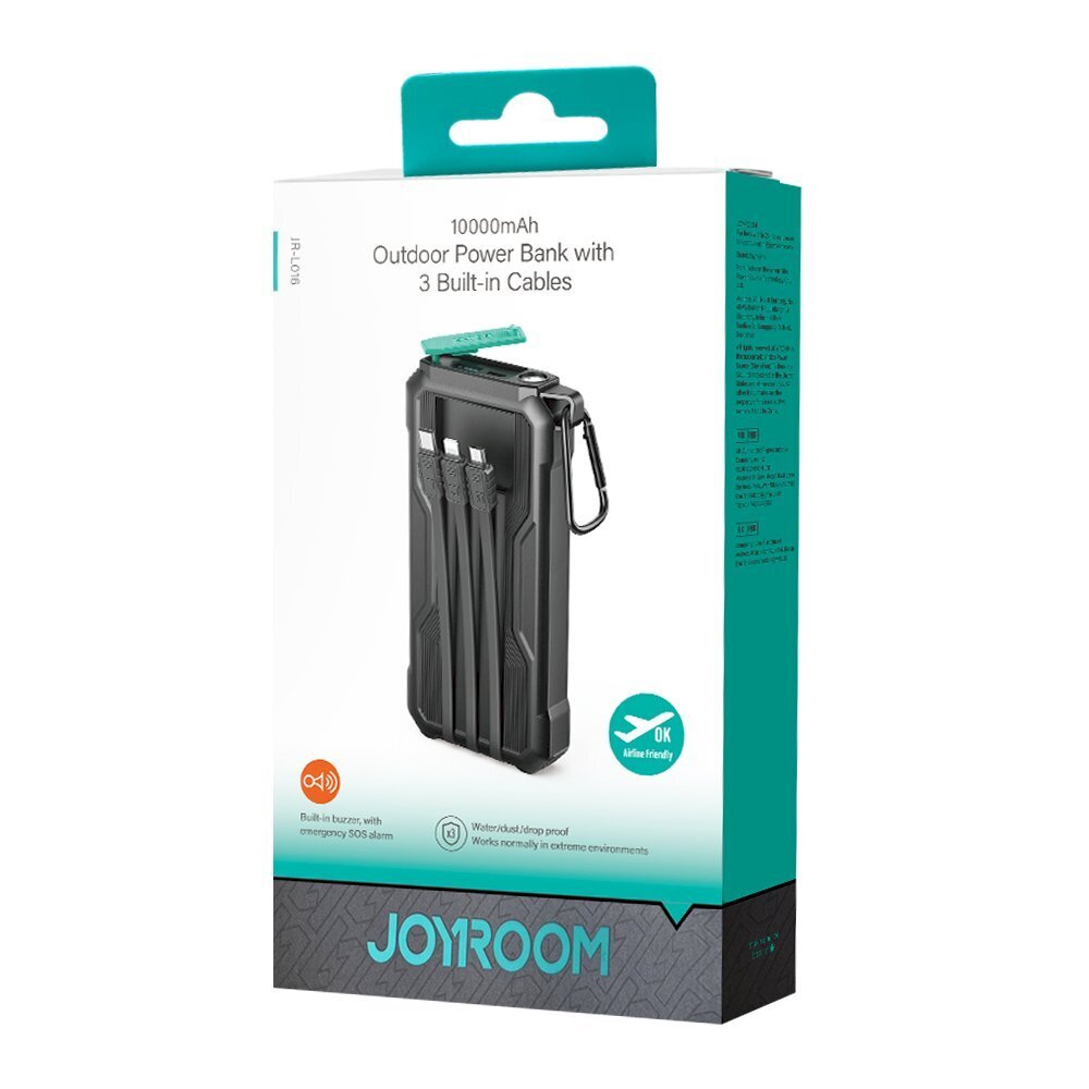 Panssaroitu ulkoilma-akku, Joyroom JR-L0161, 10000 mAh., jossa USB-C micro USB Lightning -kaapeli ja taskulamppu, musta hinta ja tiedot | Varavirtalähteet | hobbyhall.fi