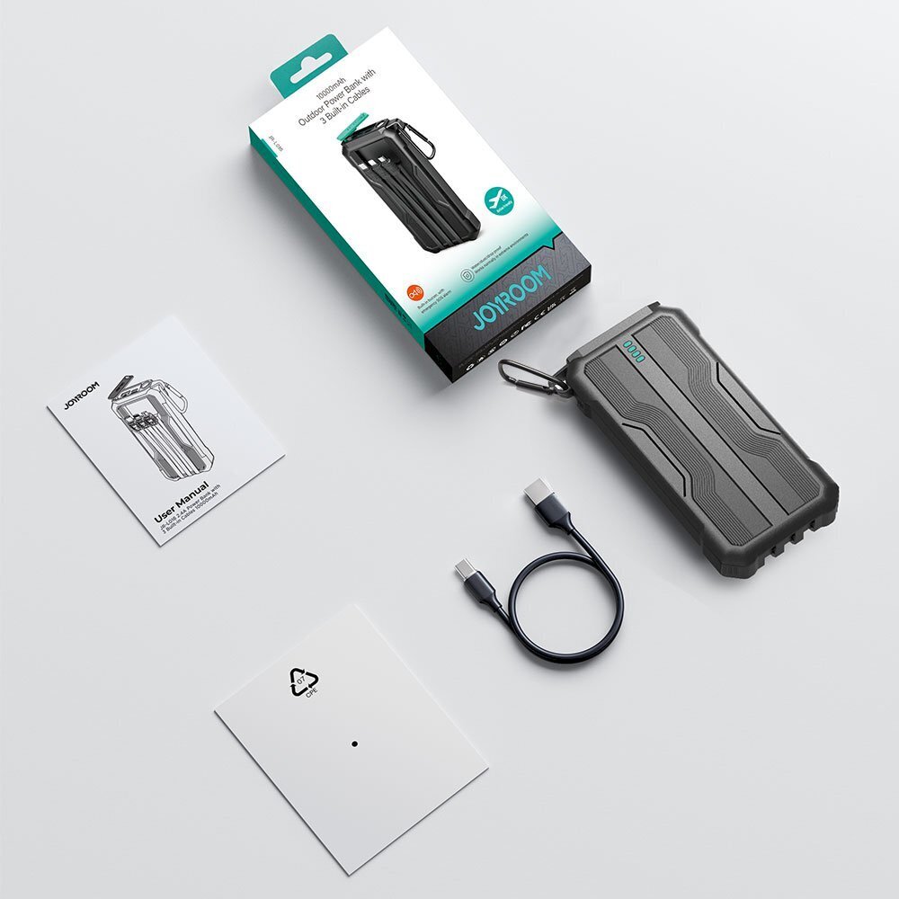 Panssaroitu ulkoilma-akku, Joyroom JR-L0161, 10000 mAh., jossa USB-C micro USB Lightning -kaapeli ja taskulamppu, musta hinta ja tiedot | Varavirtalähteet | hobbyhall.fi