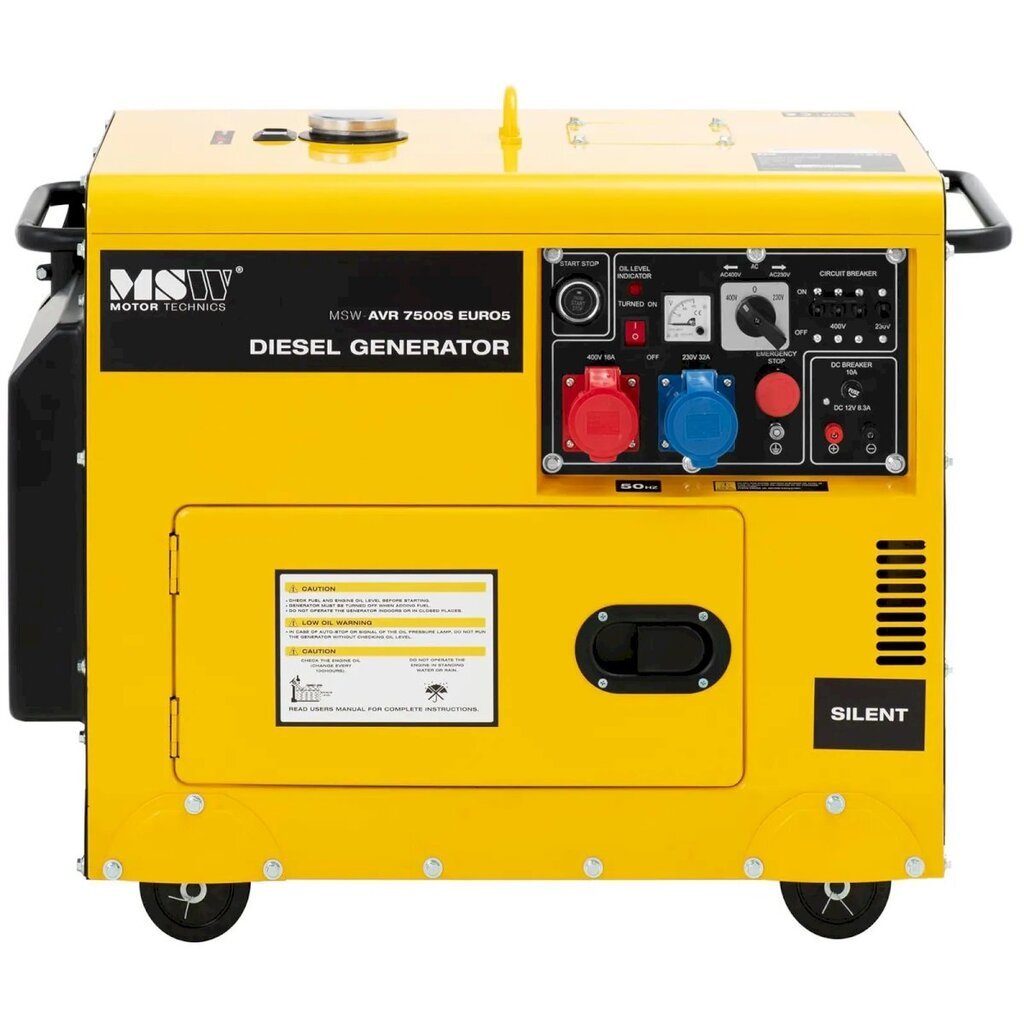 Pyörillä varustettu dieselgeneraattori, MSW-AVR 7500S EURO51, 230/400 V., 7500 W., 8,75 kVA., 16 l. hinta ja tiedot | Aggregaatit | hobbyhall.fi