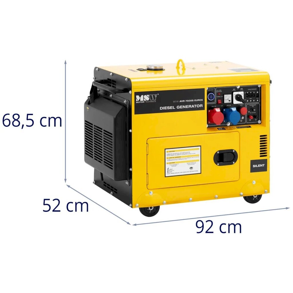 Pyörillä varustettu dieselgeneraattori, MSW-AVR 7500S EURO51, 230/400 V., 7500 W., 8,75 kVA., 16 l. hinta ja tiedot | Aggregaatit | hobbyhall.fi