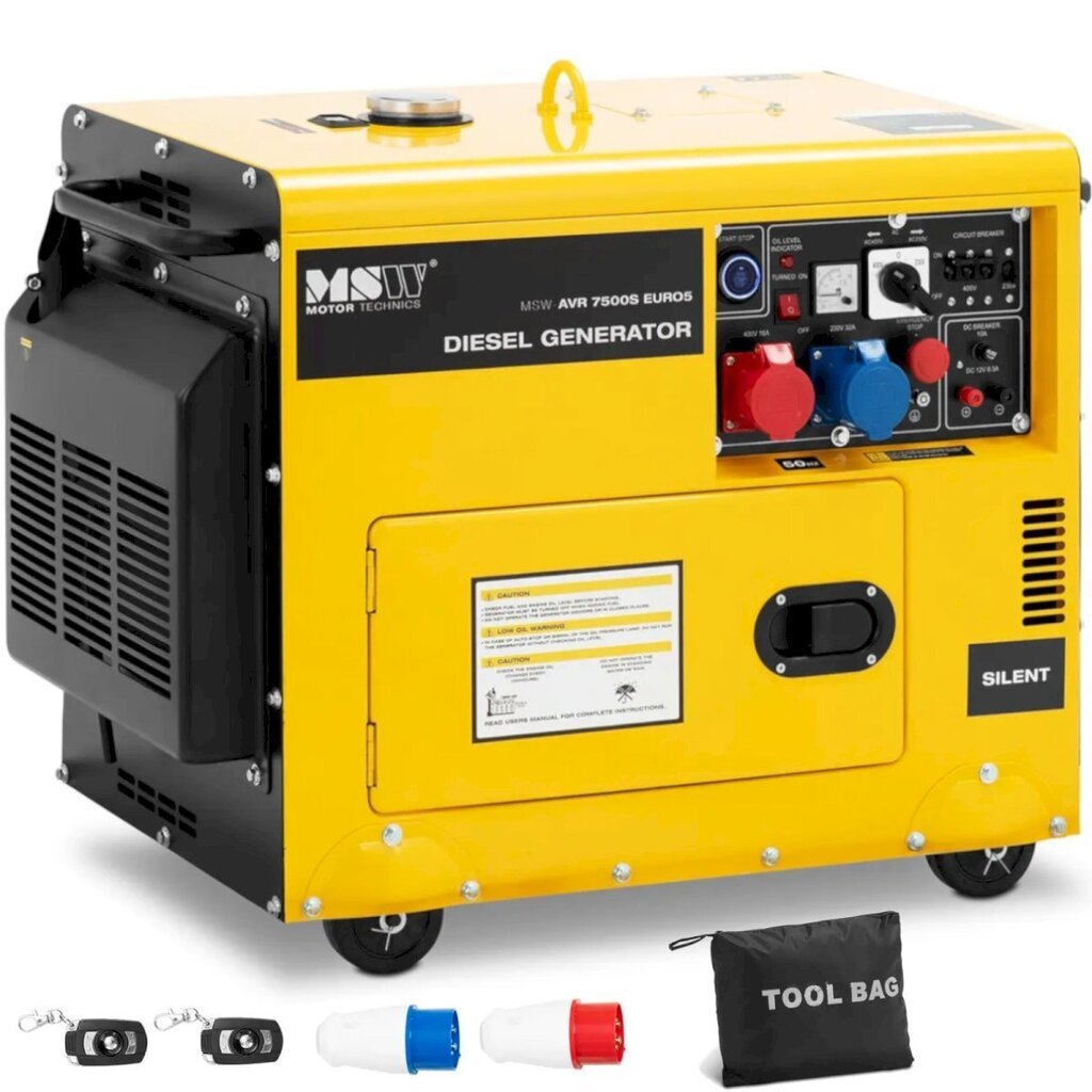 Pyörillä varustettu dieselgeneraattori, MSW-AVR 7500S EURO51, 230/400 V., 7500 W., 8,75 kVA., 16 l. hinta ja tiedot | Aggregaatit | hobbyhall.fi