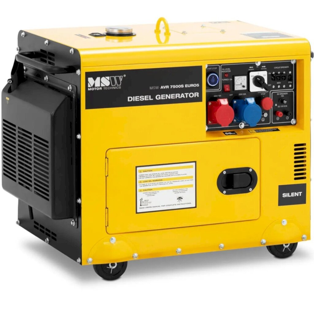 Pyörillä varustettu dieselgeneraattori, MSW-AVR 7500S EURO51, 230/400 V., 7500 W., 8,75 kVA., 16 l. hinta ja tiedot | Aggregaatit | hobbyhall.fi