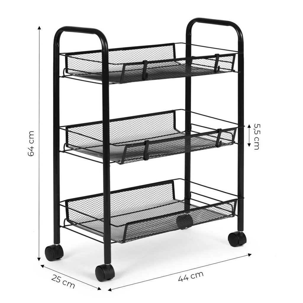 Metallinen siirrettävä kylpyhuoneen kirjahylly 3 hyllyllä ja pyörillä, Modern Home, 64 cm. x 25 cm. x 44 cm., musta hinta ja tiedot | Hyllyt | hobbyhall.fi