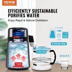 Veden tislaaja Vevor, 750W, 1 L/h, 4L, harmaa hinta ja tiedot | Vedensuodattimet | hobbyhall.fi