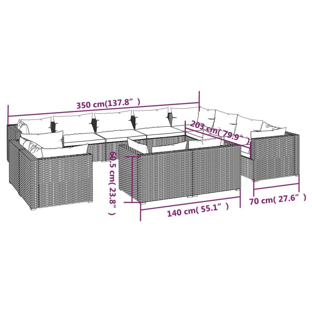 vidaXL 12 kpl. puutarhaloungesetti, mustat PE-rottinkityynyt hinta ja tiedot | Puutarhakalusteet | hobbyhall.fi