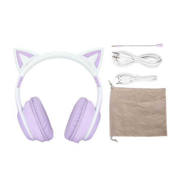 Cat Ear Bluetooth pelikuulokkeet Langattomat taitettavat musiikkikuulokkeet LED-valolla irrotettavalla mikrofonilla 3,5 mm kaapeli violetti