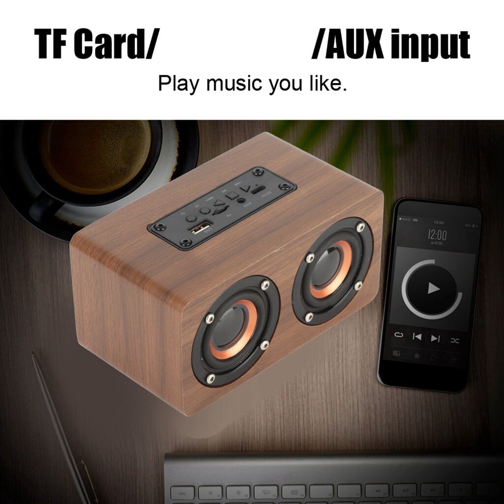 Puu Bluetooth Kaiutin Subwoofer FM Radio HiFi Musiikki Kello Hälytys Stereo Subwoofer ? Ruskea vilja hinta ja tiedot | Kuulokkeet | hobbyhall.fi