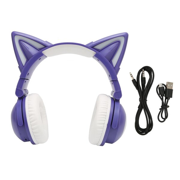 Cat Ear Bluetooth-kuulokkeet Stereo Söpö, erittäin herkkä sisäänrakennettu mikrofoni, säädettävä LED-kuuloke lapsille 3,5 mm:n kaapelilla, violetti