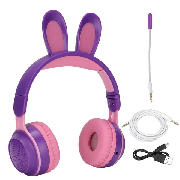 Rabbit Ear Bluetooth 5.0 -kuulokkeet taitettavat lasten langattomat kuulokkeet LED-värivalolla PC-tabletille online-oppimiseen violetti