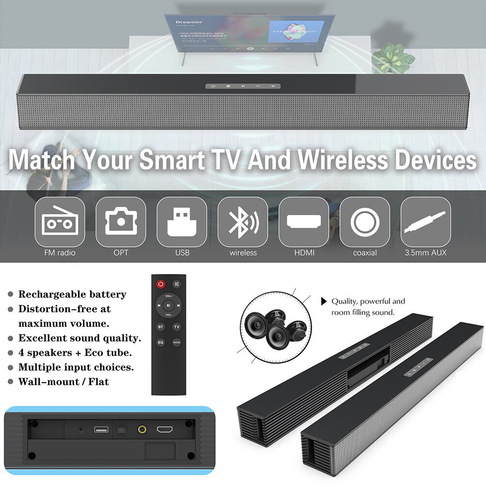 40 W High Power Fiber Soundbar Bluetooth-kaiutin kaukosäätimellä koaksiaalinen nauha seinäkiinnitys TV Stereo Soundbar hinta ja tiedot | Kuulokkeet | hobbyhall.fi